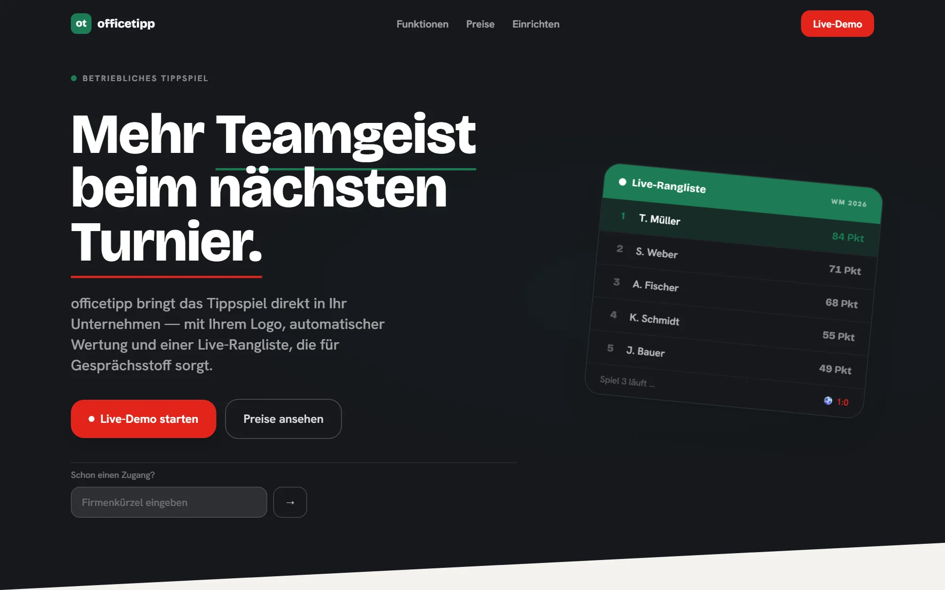 Startseite von OfficeTipp — Tippspiel-Plattform für Unternehmen mit Live-Rangliste